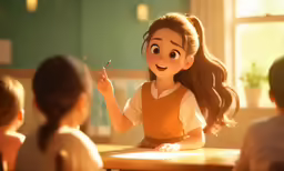 a young girl sits at a desk in front of two other young children
