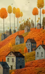 an illustration of a hilly area of houses with trees