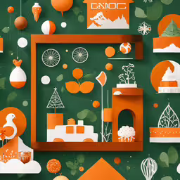 an image of a colorful background with orange and white ornaments,an orange paper cut out of the shape of a town