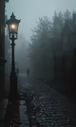 people walking down a street in the fog