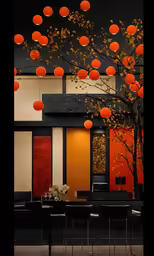 an artistic photo of orange lanterns hanging from the ceiling