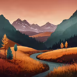 a scenic landscape with hills and trees in the background,a painting of mountains and a stream in the middle of a field