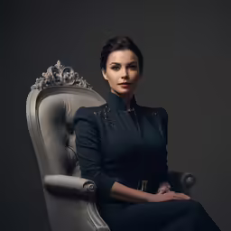 woman in black dress sitting on grey chair posing for camera