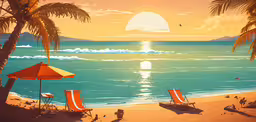 painting of an orange umbrella and two deck chairs on a sunny beach,a painting of sunset at a beach in a tropical country