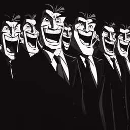 several jokers in suits and ties are smiling