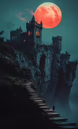 this is an image of a castle on a cliff with a full moon in the background