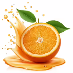a orange sliced in half with juice flowing around