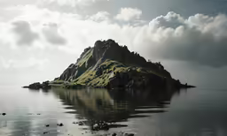 a large mountain with a rock outcropping in the middle of the water