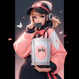 girl in pink outfit with headphones holding up a phone