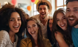 there are several people smiling in this image