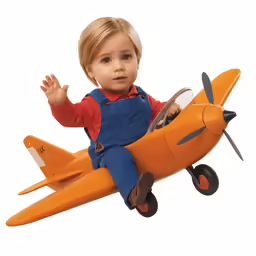 a small child riding an orange toy plane