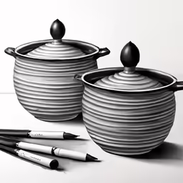 two pots that are sitting on a table with pens