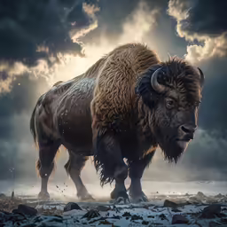 an angry looking bison staring into the distance