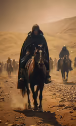 some men riding horses through the desert while others ride