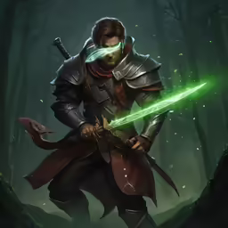 a person in the middle of a forest holding an illuminated sword