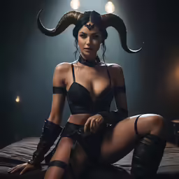 a woman in lingerie and demon makeup sitting on a bed