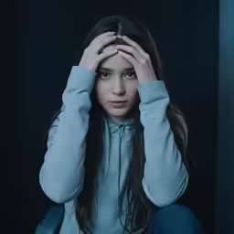 a girl in a blue hoodie holding her head with both hands