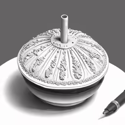 an ornately designed object is sitting on a plate next to a pen