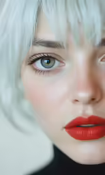 a close up of a woman with bright blonde hair and makeup