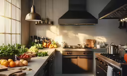 a large kitchen area with wooden shelves, a stove, an oven and various fruits