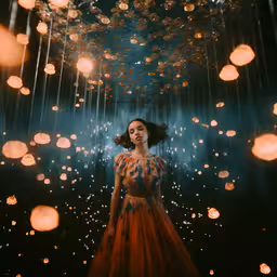 a woman in an orange dress standing under a rain of lights,a woman in a red dress standing under a crowd of lights