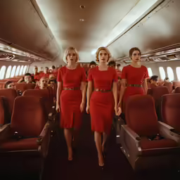 two women walking along on an airplane with a sky background