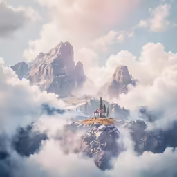 a church is surrounded by clouds as they stand atop a mountain