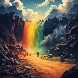 a man standing in the middle of an art filled field looking at the colors of a rainbow waterfall