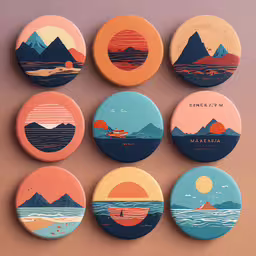 six round badges with various shapes, mountains, and waves,a collection of coasters with designs from the hawaiian islands
