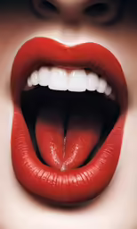 a woman with red lipstick and white teeth