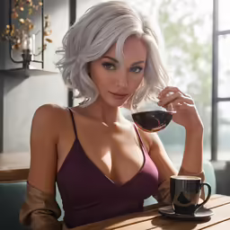 a lady sitting at a table with a cup of coffee