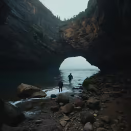 people are wading through a cave formation in the water