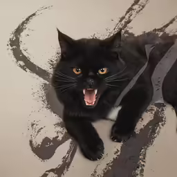 a black cat lying in the middle of a white floor