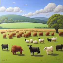 a painting of sheep grazing on the land,a painting of sheep in a grassy area with rolling hills behind them