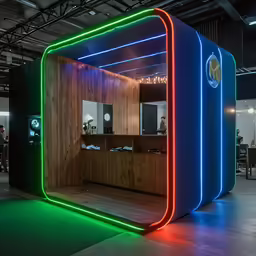 the booth is made of wooden planks and has a neon ring