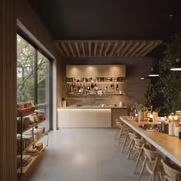 the back room of a house with lots of shelves and lights