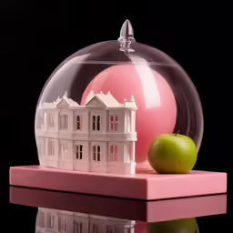 a pink sphere with a green apple sits under it