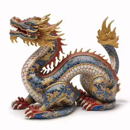 a very colorful statue on a white surface,a large blue and red dragon statue sitting on top of a white surface