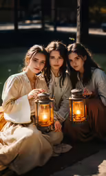 three women in long dresses are sitting on the ground