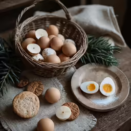 bread and eggs on table with cones, pine cone