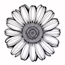 a flower is shown in a circular, black - and - white picture,a drawing of a large white daisy on a white background,a flower with large petals on a white background,a flower on white background, black and white,a daisy flower drawing on paper