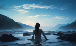 a woman is sitting in the middle of a body of water