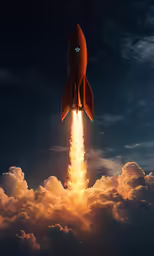 a rocket flying through the air above clouds
