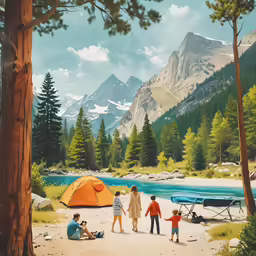 a painting of a family set up on a mountain next to a tent