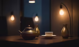 a tea set is shown next to two dim lights