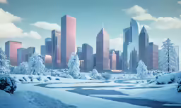 an image of a winter landscape scene with frozen trees in a city park