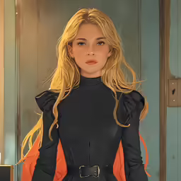 a woman in a black dress poses with blonde hair