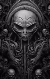 an art work with skulls and faces on it