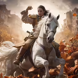 a man riding on the back of a white horse through leaves