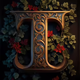 a decorative metal letter with flowers around it